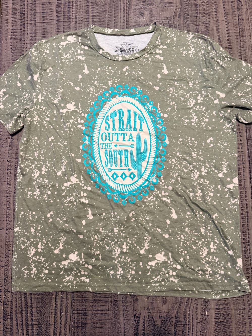 Crazy Train Olive Green Short Sleeve Bleached Tee with Teal and White Graphic